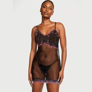 Blush Lingerie Black Pink Flowers Embroidered Sheer Babydoll Set Sz L